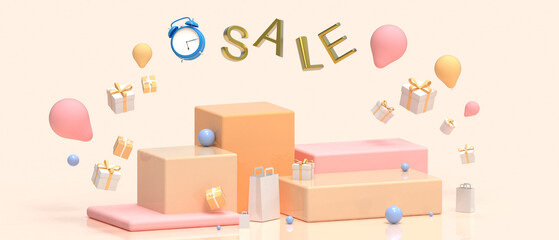 3d Podium Christmas and Happy New Year Sale. geometric shape platform on display - Modern Stage showcase and presentation concept on Yellow background. copy space, digital, banner-3d Rendering