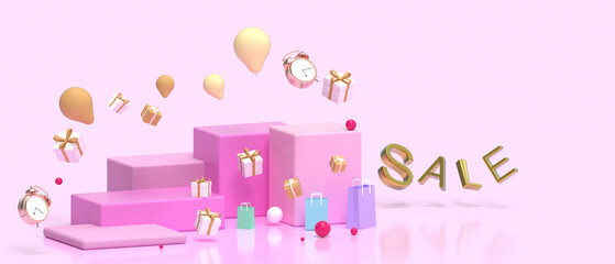 3d Podium Christmas and Happy New Year Sale. Stage showcase geometric shape platform on display - Minimal Stage shopping online presentation on pink background. product, copy space - 3d Rendering