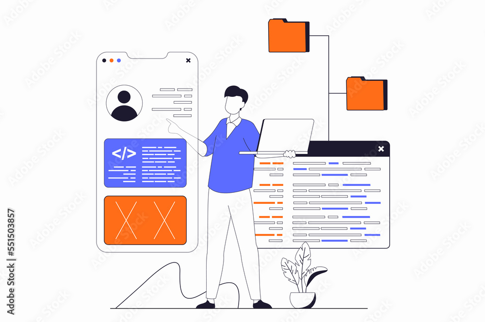Aufkleber App development concept with people scene in flat outline design. Man develops mobile app interface and works with code, tests and optimizes. Illustration with line character situation for web