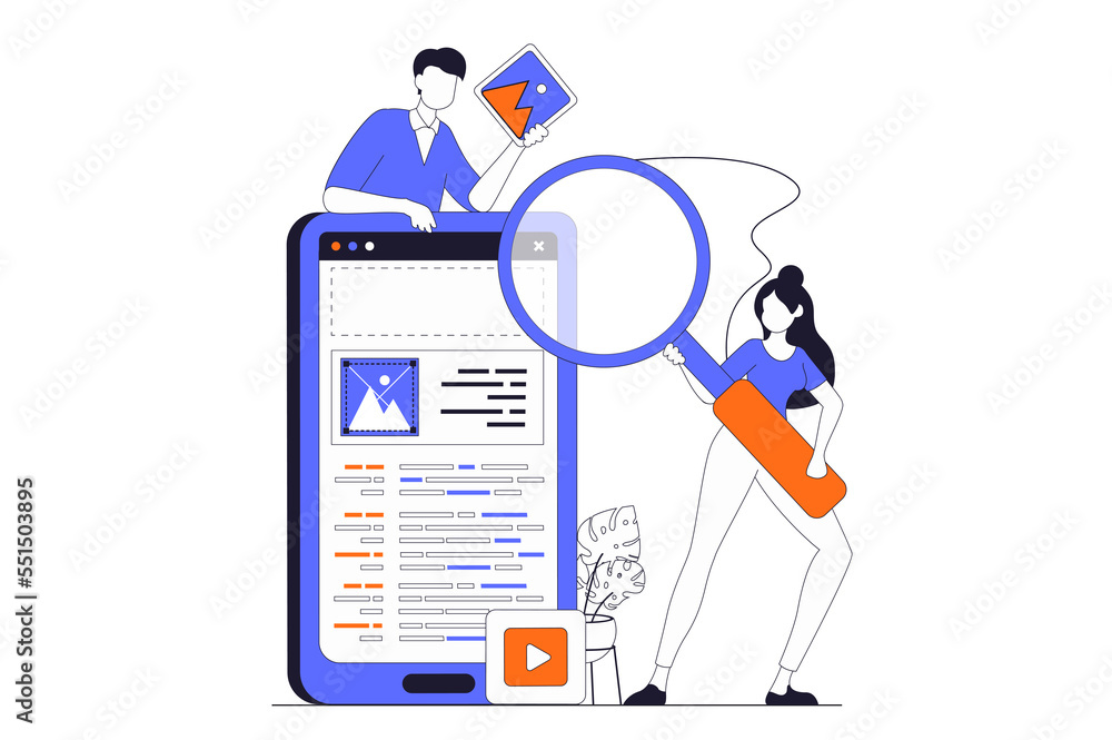Poster App development concept with people scene in flat outline design. Man and woman designing app interface and working with content and buttons. Illustration with line character situation for web