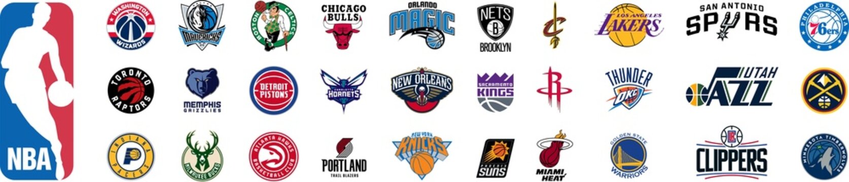 NBA basketball all logos teams set vector. Isolated NBA basket-ball conferences : Lakers, Celtics, Clippers, Knicks, Chicago Bulls, Hawks, Hornets, Wizards, Suns, PNG