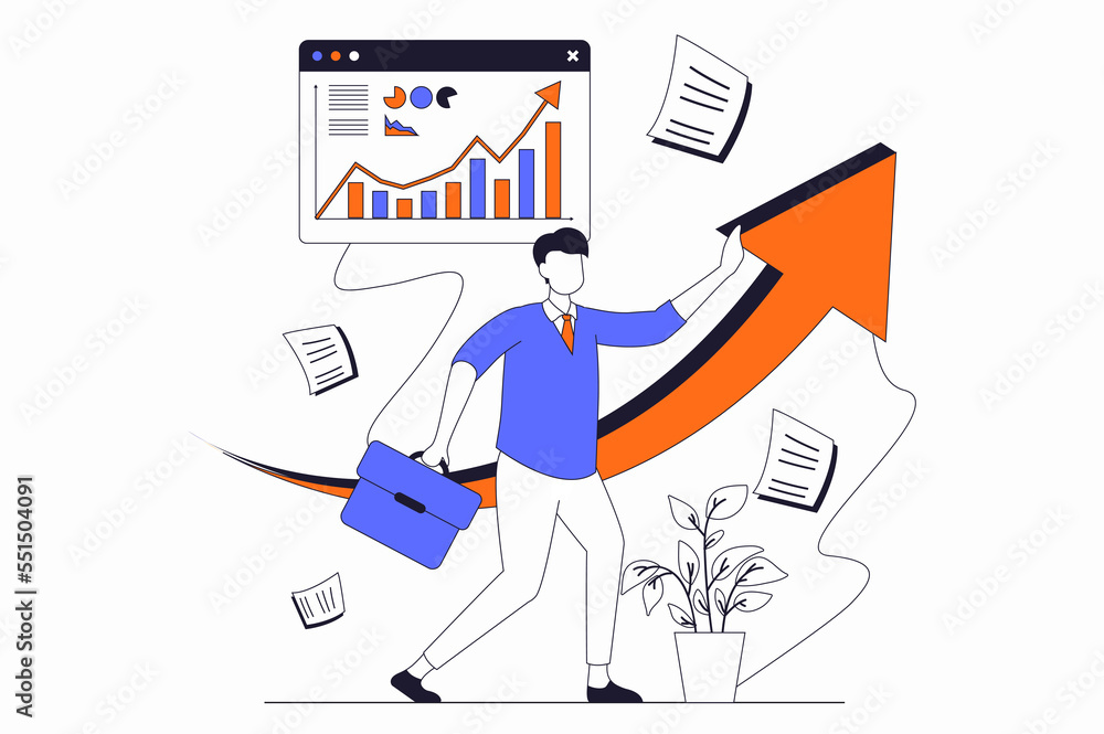 Wall mural Business activities concept with people scene in flat outline design. Man develops and invests money in business projects, increases income. Illustration with line character situation for web