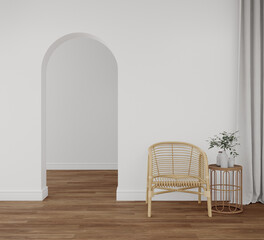Empty white wall with rattan chair and coffee table on wooden floor. 3d rendering of interior living room. - obrazy, fototapety, plakaty
