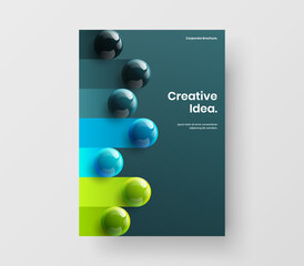 Bright company brochure A4 design vector illustration. Trendy 3D spheres magazine cover concept.