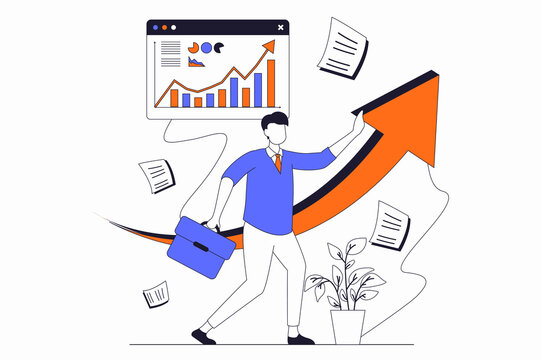 Business activities concept with people scene in flat outline design. Man develops and invests money in business projects, increases income. Illustration with line character situation for web