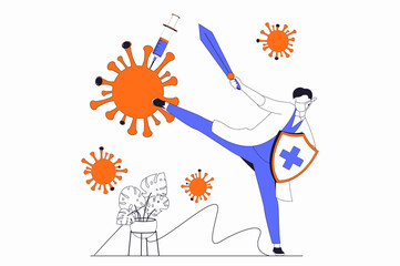 Coronavirus concept with people scene in flat outline design. Doctor with sword and shield fights virus and protects health and immunity. Illustration with line character situation for web
