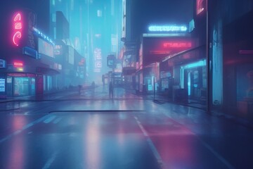 Plakat Futuristic empty neon city street scene background. Created by AI, Artificial Intelligence.