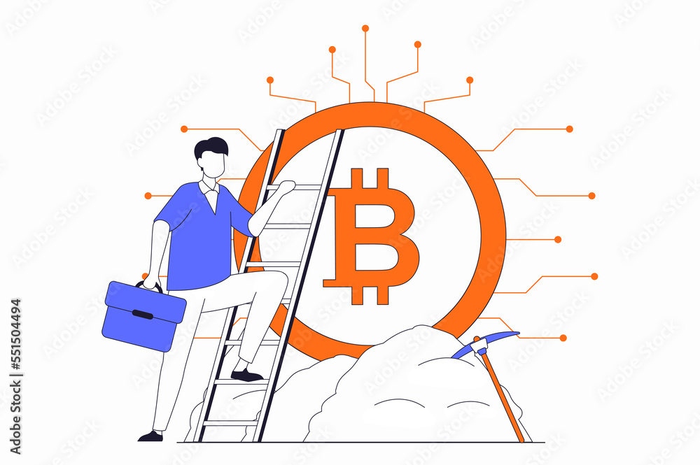 Poster Cryptocurrency mining concept with people scene in flat outline design. Man mines bitcoin on crypto farm to earn money and increase profits. Illustration with line character situation for web