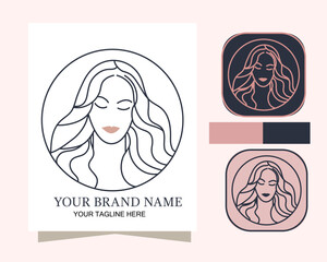 beauty woman face with long hair, beauty logo design for hair care, cosmetic brand, saloon, or beauty studio