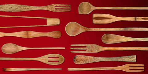 Topview of Set Cooking Wooden Utensils on Red Background