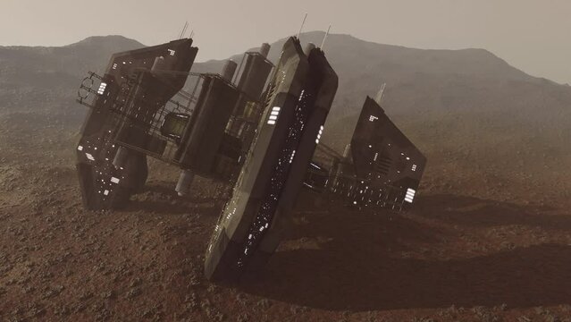 Animation of a crashed alien space ship wreck on martian surface of the planet