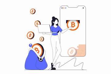 Obraz na płótnie Canvas Cryptocurrency mining concept with people scene in flat outline design. Woman mining bitcoin in digital wallet using mobile phone and laptop. Illustration with line character situation for web