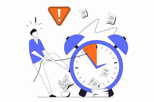 Deadline concept with people scene in flat outline design. Man trying to complete work tasks and paperwork in office before time is ending. Illustration with line character situation for web