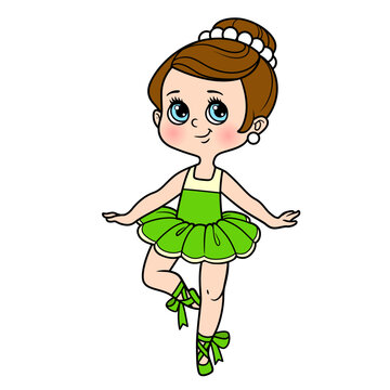 Cartoon ballerina girl  in lush tutu dancing on one leg color variation for coloring page isolated on a white background
