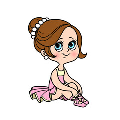 Cute cartoon little ballerina girl in lush tutu sitting on the white floor  color variation for coloring page isolated on a white background