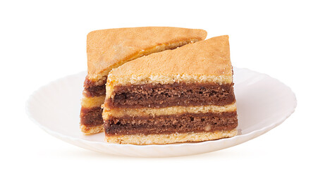 Fototapeta na wymiar Two slices of delicious jam pie on a white plate