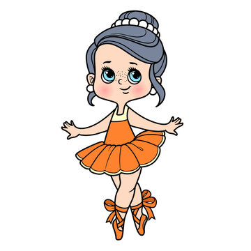 Cute cartoon little ballerina girl in lush tutu standing on toes in pointe shoes color variation for coloring page isolated on a white background