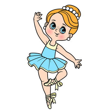 Cute cartoon little ballerina girl in tutu and pointe shoes color variation for coloring page isolated on a white background