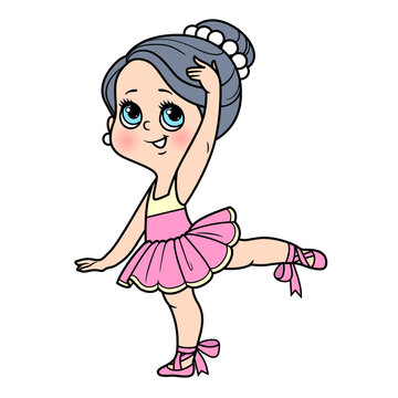 Сartoon little ballerina girl dancing on one leg color variation for coloring page isolated on a white background