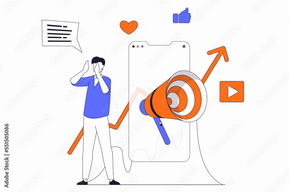 Leinwandbilder digital marketing concept with people scene in flat outline design. man is engaged in online brand p