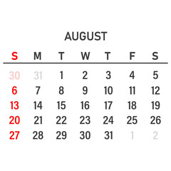 August 2023 calendar template. Layout for August 2023. Printable monthly planner. Desk calendar design. Start of the week on Sunday.