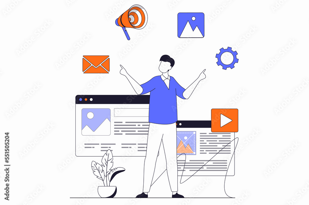 Poster digital marketing concept with people scene in flat outline design. man uses different marketing too