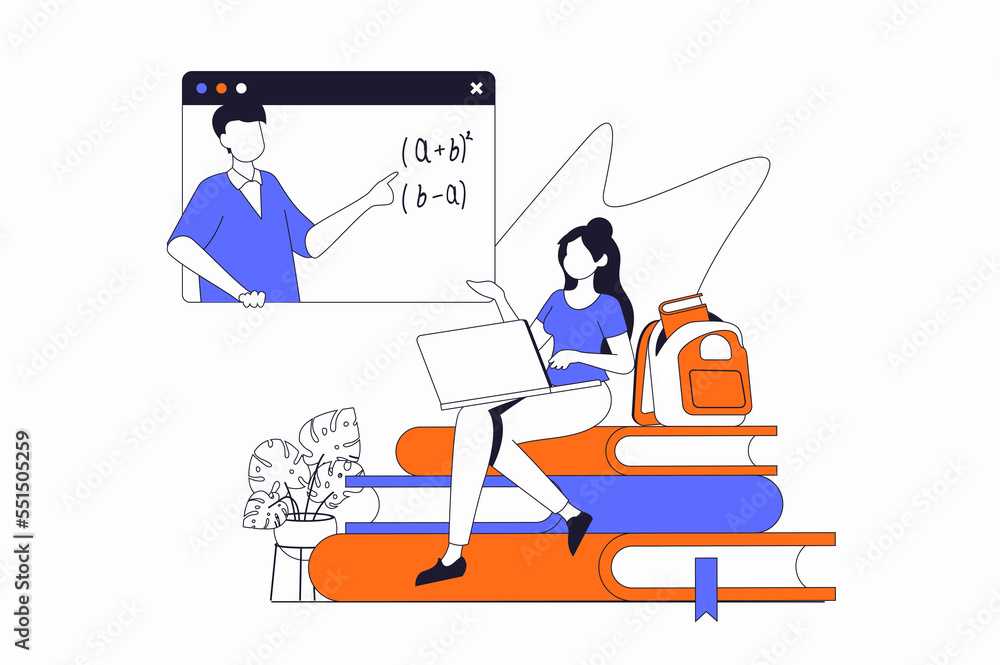 Aufkleber distance learning concept with people scene in flat outline design. woman is studying lesson remotel