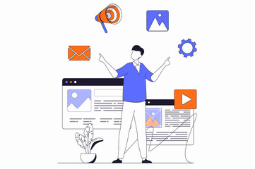 Digital marketing concept with people scene in flat outline design. Man uses different marketing tools for online promotion and advertising. Illustration with line character situation for web