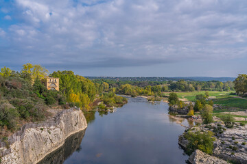 River Gardon landscape from the Pont du Gard three-tiered aqueduct.