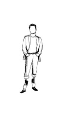 Standing man with mechanic, bionic leg prostheses wearing a suit with his hands in pocket. Black and white inked strokes line art vector illustration isolated on white background.
