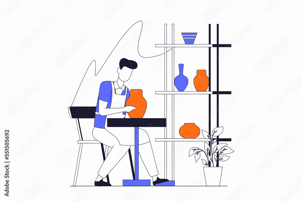 Poster hobby concept with people scene in flat outline design. man in apron is engaged in pottery and creat