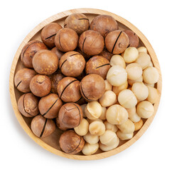 Roasted Macadamias nuts in wooden plate isolated on white background, Macadamias nuts on White Background With work path.