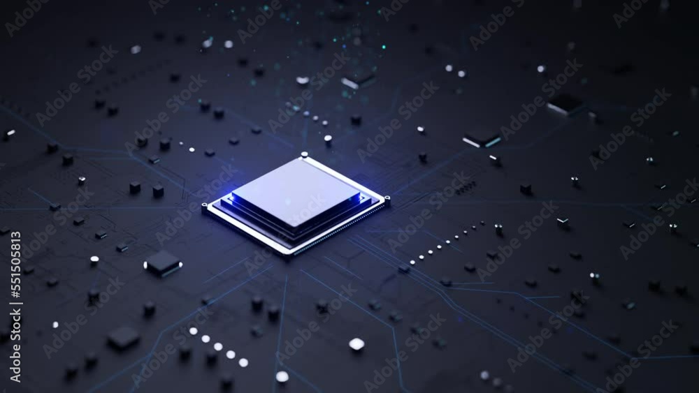 Poster 3d rendering animation of cpu chip set landing to install on mainboard electronic printed circuit bo