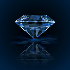 Realistic vector diamond  on dark background. Illustration of a blue crystal gemstone with refection 