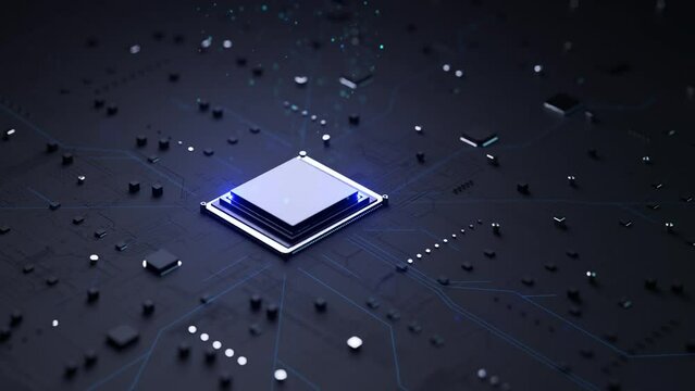 3D Rendering animation of Cpu chip set landing to install on mainboard electronic printed circuit board. The central processing unit for technology and future concept. Micro processor