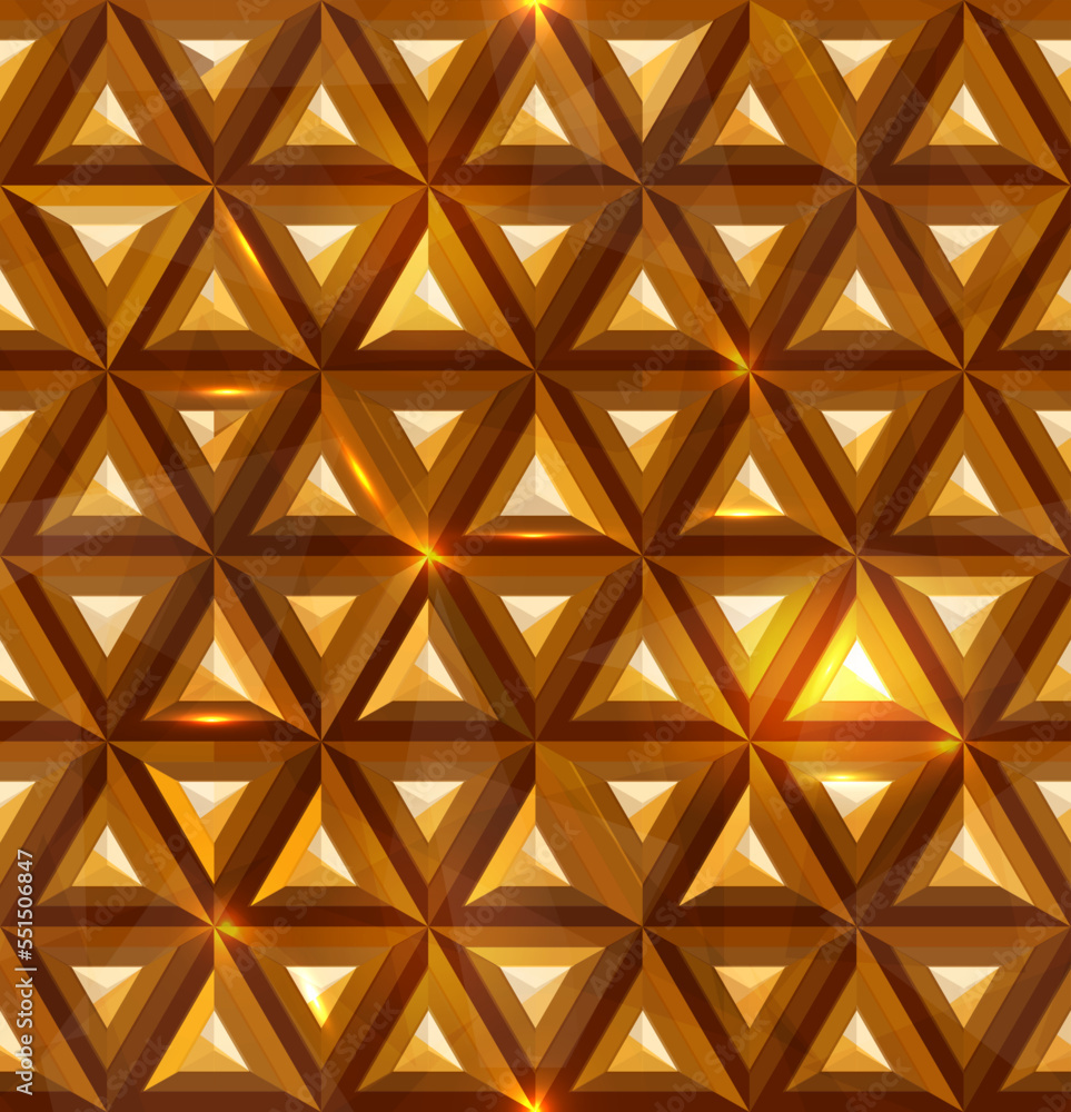 Wall mural seamless abstract 3d geometric background with glass gold shiny yellow triangular pattern. realistic