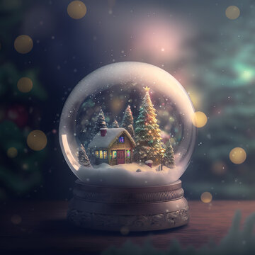 Snow Globes with Christmas and festive elements, macro photo, detailed.