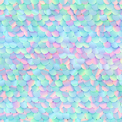 Sequined iridescent texture. Fabric with palliettes. Seamless vector realistic background of shiny material.