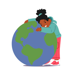 Obraz na płótnie Canvas Save Nature, Ecology, Earth Protection Concept. Little Kid Hugging Planet. Black Girl Toddler Character Embrace Sphere