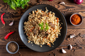 rice with vegetables on a plate traditional oriental food