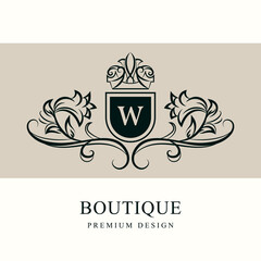 Elegant Monogram with Letter W. Calligraphic Art  Logo. luxurious Drawn Emblem for Book Design, Brand Name, Business Card, Jewelry, Restaurant, Boutique. Creative Floral Template. Vector Illustration