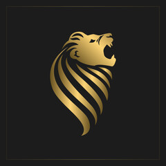 Golden Lion. Roaring Head of Wild Beast with Wavy Mane. Creative Logo with Royal Character. Isolated Painted Animal Emblem. Luxury Design. Good for Business or Sport Brand Name. Vector Illustration