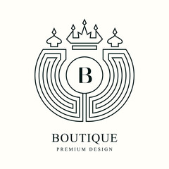 Linear Logo. Abstract Round Monogram with Letter B. Geometric Emblem with a Crown. Minimalist art Design for Brand Name, Business Card, Boutique, Sports Club, Distinctive Sign. Vector Illustration