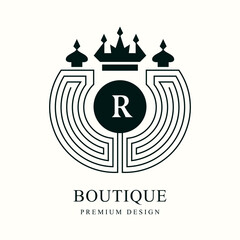 Linear Logo. Abstract Round Monogram with Letter R. Geometric Emblem with a Crown. Minimalist art Design for Brand Name, Business Card, Boutique, Sports Club, Distinctive Sign. Vector Illustration