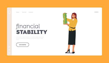 Financial Stability Landing Page Template. Happy Rich Business Woman Character Rejoice with Huge Stack of Banknotes