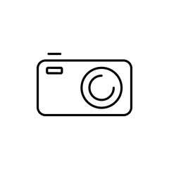Camera line icon. Photo, film, camera lens, tripod, cinema, video, color correction, filming, photo processing, exposure, contrast. Electronics concept. Vector black line icon on a white background