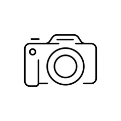 Camera line icon. Photo, film, camera lens, tripod, cinema, video, filming, color correction, photo processing, exposure, contrast. Electronics concept. Vector black line icon on a white background