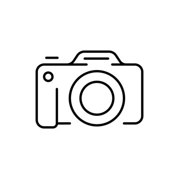 Camera line icon. Photo, film, camera lens, tripod, cinema, video, filming, color correction, photo processing, exposure, contrast. Electronics concept. Vector black line icon on a white background