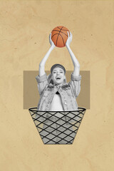 Vertical creative photo collage illustration of positive cheerful nice girl raising basketball ball...