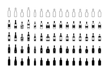 Set of black and white bottles of alcohol in different styles isolated PNG
